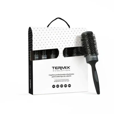 Abbildung von Termix Evolution Plus. Professionelle, thermische Rundhaarbürste mit Keramikrohr für den Friseursalon. Speziell dickes und hartes Haar. Afroamerikanisches Set 5 Bürsten