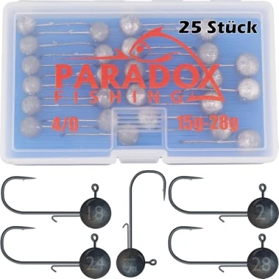 Abbildung von Paradox Fishing Jigköpfe Set 4/0 25x I je 5X 15g/18g/21g/24g/28g Jig Köpfe Gummifisch mit Jighead für Gummifische Zander Angelzubehör