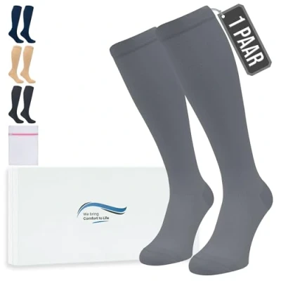 Abbildung von 360 Relief Kompressionsstrümpfe Damen und Herren 1 Paar Kompressionssocken Einfarbig für Sport, Laufen, Flug, Reise, Joggen, Radsport, Kniestrümpfe, S/M Grau mit Wäschenetz