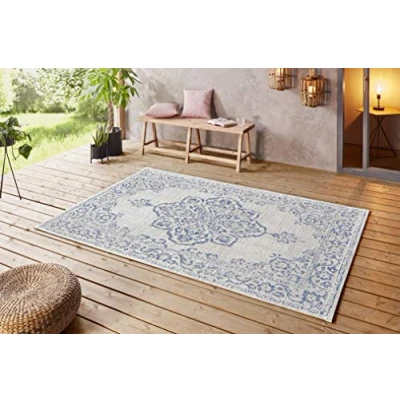 Abbildung von NORTHRUGS in und Outdoor Teppich 160x230cm Wetterfest Orientalisch Vintage Design mit Medallion Läufer Terrassenteppich Balkonteppich Küchenläufer Badteppich Wohnzimmerteppich Wasserfest Blau