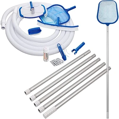 Abbildung von Deuba Reinigungsset Pool Wartungsset Zubehör Set Reinigungsbürste Oberflächenkescher Beckenbürste Handbürste Teleskopstange Schwimmschlauch Pooltester Tabletten Poolthermometer