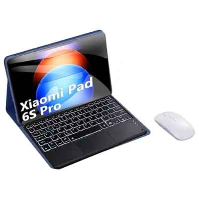 Abbildung von HLTOOP Tastatur Hülle für Xiaomi Pad 6S Pro (2024) 12,4 Zoll, QWERTZ Deutsch, 7 farbige Bluetooth mit Hintergrundbeleuchtung und Touchpad, Weiche TPU Rückseite, Maus,Lila