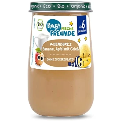 Abbildung von BABY FRECHE FREUNDE Bio Gläschen Abendbrei Banane, Apfel mit Grieß für Babys ab 6 Monaten, ohne Zuckerzusatz, x 190g