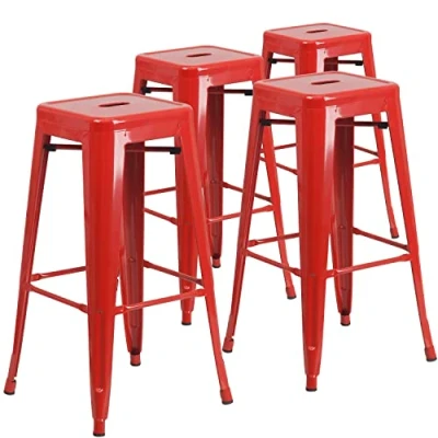 Abbildung von Flash Furniture Lily Barhocker aus Metall, kommerzielle Qualität, 76,2 cm hoch, rückenfrei, für drinnen und draußen, mit quadratischem Sitz, Rot, 4 Stück