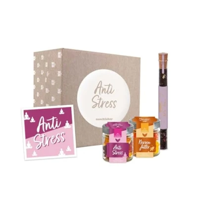 Abbildung von Geschenkbox Anti Stress Fruchtgummi und Tee zur Entspannung Nervenfutter &amp; Geschenk für Freunde, Familie Kollegen Schwarztee Me Time gegen