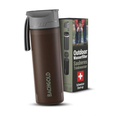 Abbildung von Bachgold® Profi Outdoor Wasserfilter Flasche [650ml] mit 1500L Filterkapazität I entfernt 99,99% aller Bakterien und filtert Viren, Partikel Schwermetalle Braun