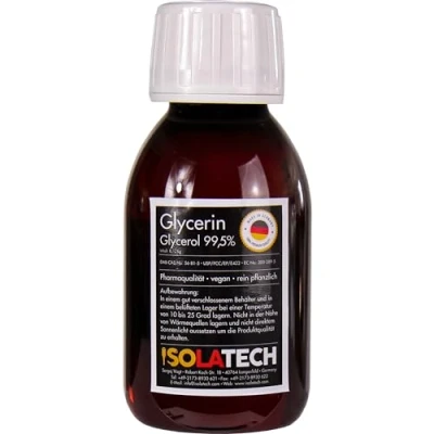 Abbildung von ISOLATECH Glycerin 99,5% 100ml Pharmaqualität made in Germany, gemessen 99,98% rein Pflanzlich, Glyzerin Glycerol flüssig transparent Flasche (Inhalt 120g)