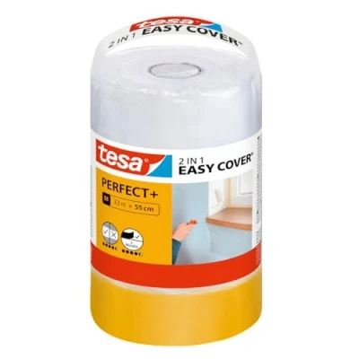 Abbildung von tesa Easy Cover Perfect+ Refill m 2in1 Malerfolie mit Malerband aus Washi Papier zum Abkleben und Abdecken bei Malerarbeiten 33 x 55 cm