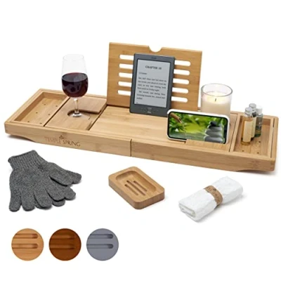 Abbildung von TEMPLE SPRING Badewannenablage mit Kerzen , Weinglas Buch Tablet iPad und Telefonhalter. Badewannentablett ausziehbar, Holz, Bathtub Tray 100% Bambus (Naturholz)