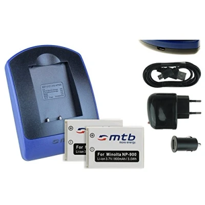 Abbildung von 2X Akku + Ladegerät (Netz+Kfz+USB) kompatibel mit Konica Minolta NP 900, Olympus Li 80B … (Siehe Beschreibung)