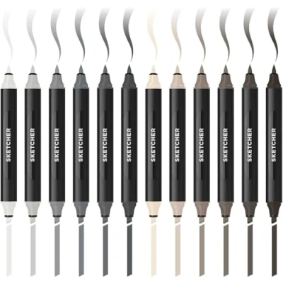 Abbildung von Molotow Sketcher Twinmarker Grey Kit 1 (Brush Tip &amp; 3mm Keilspitze, farbintensive Aqua Pro Tinte, schnelltrocknend, für die Anwendung auf Papier) 12 Stifte in warmen Grautönen
