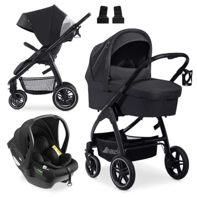 Abbildung von hauck 3in1 Kinderwagen Set Saturn R mit Babyschale, Babywanne &amp; Buggy Sitz Liegefunktion, ab Geburt bis 22 kg, zusammenklappbar Melange Schwarz