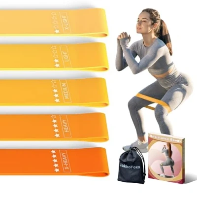 Abbildung von Fitnessbänder 5er Set Widerstandsbänder mit 5 Stufen Übungsbänder für Heim Fitness, Stretching, Krafttraining, Physiotherapie, Pilates, Yoga, Elastische Workout Bänder Frauen (Orange)