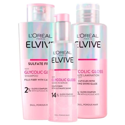Abbildung von L&#039;Oréal Paris Elvive Glycolic Gloss Serum ohne Ausspülen 150ml + Shampoo 200ml Laminierbehandlung 5 Minuten à Set Elvital Glykolglanz intensiver und langanhaltender Glanz 3 Flaschen