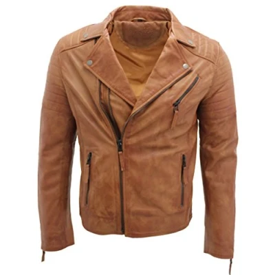 Abbildung von Infinity Herren Bräunen Schlank Fit Kreuz Zip Jahrgang Brando Bikerjacke aus Leder 3XL