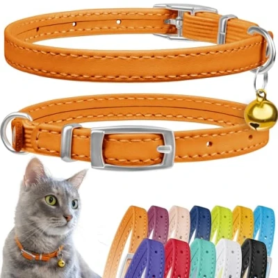 Abbildung von CollarDirect Leder Katzenhalsband mit Sicherheitsverschluss 21,5 cm Orange, Elastischer Gurt und Glocke für Kleine Katzen