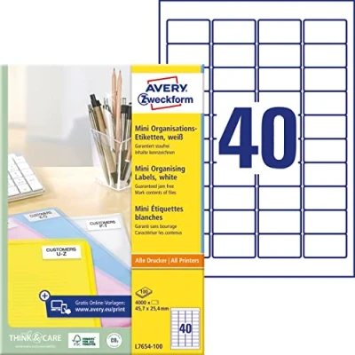 Abbildung von AVERY Zweckform L7654 100 mini Organisationsetiketten (4.000 Aufkleber, 45,7x24,4mm auf A4, selbstklebende Vielzweck Etiketten, bedruckbar, Klebeetiketten zum Organisieren/Kennzeichnen) Blatt
