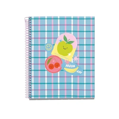 Abbildung von Miquelrius Notizbuch A5 (148 x 210 mm), 100 Blatt kariert 70 g/m², fester Kartoneinband, 4 Farbbänder, Spiralbindung, 2 Löcher, kariertes Notizbuch, schönes Schreibwaren, Happy Fruits