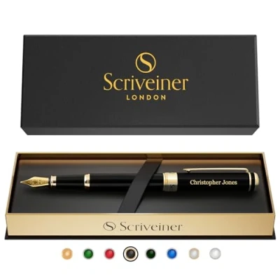 Abbildung von Scriveiner Black Personalisierter Stift Luxus Füllfederhalter, Schwarzer Lack, Gold Finish, Deutsche Schmidt Feder (Mittel), Bestes Graviertes Füllfederhalter Geschenkset, Namensgravur