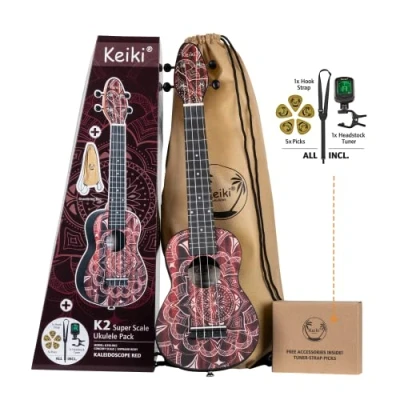 Abbildung von Ortega Guitars Sopran Ukulele rot Keiki K2 Starterkit inklusive Tuner, Gurt, 5 Medium Plektren &amp; Kordelzugtasche red kaleidoscope (K2SS RKC)