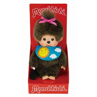 Abbildung von Sekiguchi 233748 Original Monchhichi Mädchen Sleepy, Plüschfigur mit blauem Lätzchen und Zopf pinker Schleife, ca. 20 cm großes Kuscheltier aus braunem Plüsch, Braun