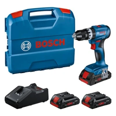 Abbildung von Bosch Professional 18V System Akku Schlagbohrschrauber GSB 45 (Drehzahl von 1.900 min⁻¹, inkl. 3x 4.0Ah ProCORE Akku, Schnellladegerät GAL 40, L Case)