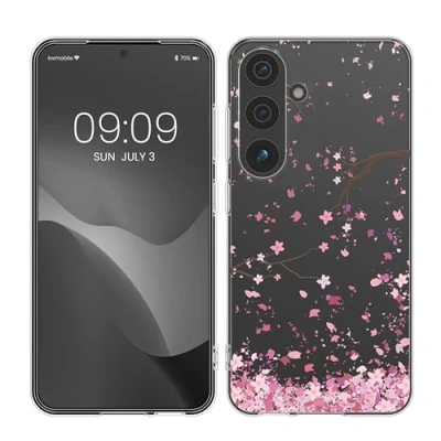 Abbildung von kwmobile Case kompatibel mit Samsung Galaxy S24 Hülle Silikon Transparent Kirschblütenblätter Rosa Dunkelbraun