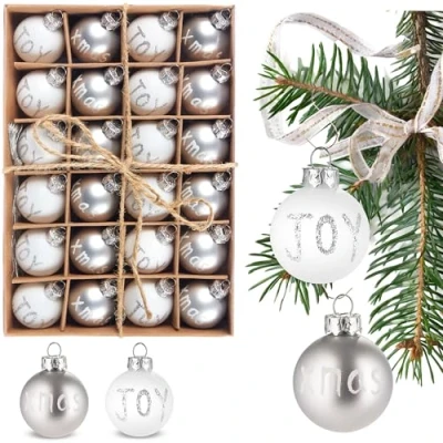Abbildung von BRUBAKER 24 teiliges Set Weihnachtskugeln Joy &amp; Xmas 3 cm Mini Christbaumkugeln für Weihnachtsbaum Handbemalter Christbaumschmuck Kugeln Bruchsichere Weihnachtsbaumkugeln Silber und Weiß