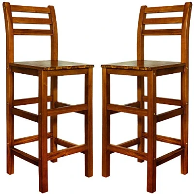 Abbildung von Casaria® Barhocker 2er Set Holz mit Lehne Outdoor 75cm Sitzhöhe Akazie 150kg Belastbarkeit Fußstütze Massiv Rustikal Garten Küche Bar Stuhl Hocker Braun