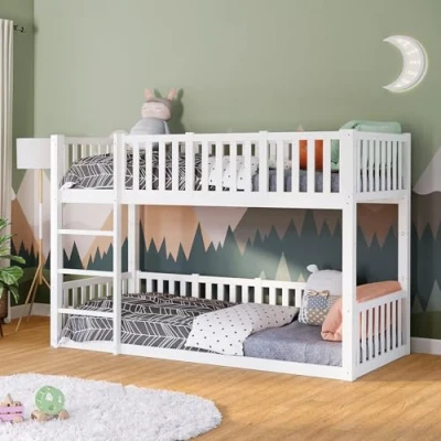Abbildung von Bellabino Etagenbett Erie 90x200 cm, Hochbett umbaubar in 2 Kinderbetten mit Lattenrost und Rausfallschutz, aus Kiefer Massivholz, Weiß