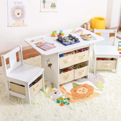 Abbildung von Yorbay Kindersitzgruppe Kindertisch mit 2 Stühlen, 6 Aufbewahrungskörben, (Kindersitzgruppe 3tlg, Weiß + Beige, Stauraum), Sitzgruppe für Kinder, Maltisch Kinderzimmer, Spielzimmer