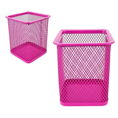 Abbildung von LEVIATAN 2 Stück Metall eckig Stifteköcher Stiftehalter Würfel aus Drahtmetall Mesh Multifunktions Becher für Kugelschreiber Rosa