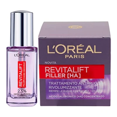 Abbildung von L&#039;Oréal Paris Revitalift Filler Anti Falten Behandlung mit Hyaluronsäure 50 ml + Serum Kontur Augen Erfrischende Wirkung Koffein 20ml