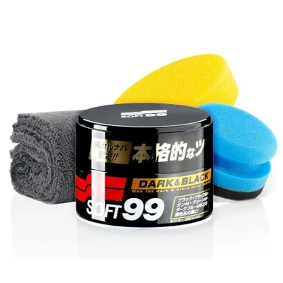 Abbildung von detailmate Soft99 Auto Versiegelung Set für dunkle Lacke Dark &amp; Black Wax Hartwachs, Schwarze/dunkle Autolacke 300 g + Handpolierschwamm Applikator Mikrofaser Poliertuch 550GSM 40x40cm