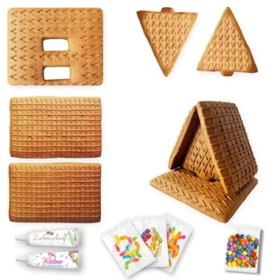 Abbildung von LEBKUCHENWELT Lebkuchenhaus Bastelset inkl. Zuckerguss Lebensmittelkleber Fruchtgummi &amp; Schokolinsen ca. 10x12x12cm mit Bastel Anleitung Lebkuchen Hexenhaus