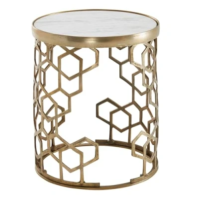 Abbildung von FineBuy Beistelltisch Echter Marmor Weiß 44x44x55 cm Anstelltisch Metall Gold, Kleiner Sofatisch Rund, Wohnzimmertisch Couch Modern, Couchtisch Hoch