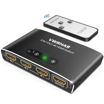 Abbildung von HDMI Switch Splitter, Automatisch 4K Aluminium 3 in 1 Out UHD Verteiler mit Fernbedienung, Umschalter Unterstützt 3D HDR für Fire TV Stick PS4 Xbox DVD Blu Ray