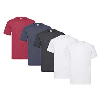 Abbildung von Fruit of the Loom 5er Pack T Shirts, 2X Weiss + 1x Dark Heather Vintage Red Navy 1 HL Kauf Notizblock, Größe L