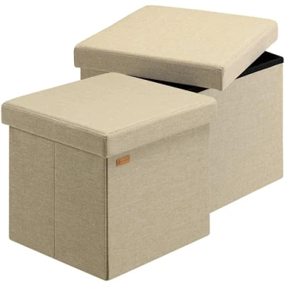Abbildung von Casaria® Hocker mit Stauraum 2er Set Beige Faltbar Deckel Leinen Optik Gepolstert 40x40cm Schlafzimmer Wohnzimmer Flur Sitzhocker Fußhocker Polsterhocker
