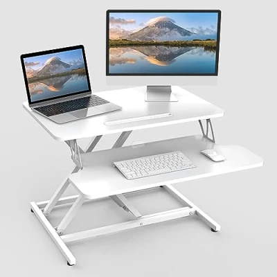 Abbildung von ERGOMAKER Steh Sitz Schreibtischaufsatz Höhenverstellbar, Stehpult Aufsatz Schreibtisch 64 X 40CM Desktop Erhöhung mit Tastaturablage Weiß