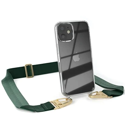 Abbildung von EAZY CASE Hülle mit Band kompatibel iPhone 12 Mini Handyhülle Umhängeband für Silikonhülle Transparent Schutzhülle Handykette zum Umhängen Handykordel Smartphone in Grün Gold