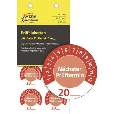Abbildung von AVERY Zweckform 80 Stück Prüfplaketten Nächster Prüftermin 20xx (mit Jahreszahl zum selber eintragen, widerstandsfähig, selbstklebend, Ø 30 mm, Prüfaufkleber, Prüfsiegel aus Vinyl) 7904 rot