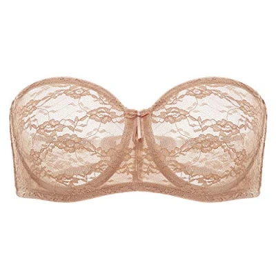 Abbildung von DOBREVA Damen Trägerloser BH mit Bügel Durchsichtig Spitze Dirndl Bandeau BHS Transparenten Trägern Natürlich 75B