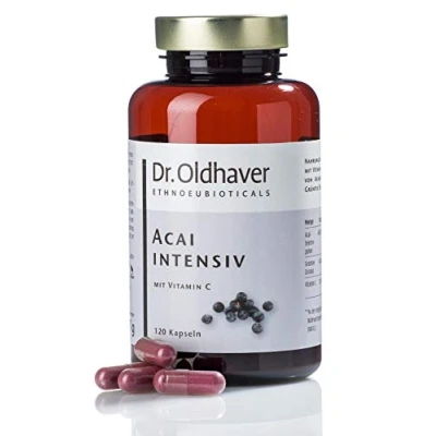 Abbildung von Dr. Oldhaver Acai intensiv Beeren Kapseln (120 Stück) Hoch konzentriertes Acaibeerenpulver + Grüntee Extrakt Vitamin C, Frei von Gluten und Lactose, für den Energiestoffwechsel