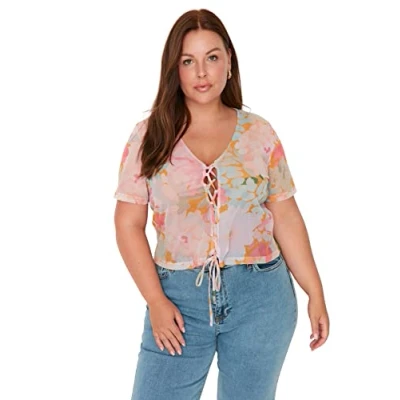 Abbildung von TRENDYOL Damen Regular Standard V Ausschnitt Strick Plus Size Bluse Hemd, Merhfarbig, XL Größen