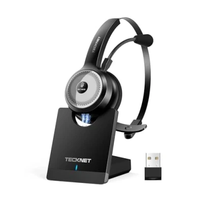 Abbildung von TECKNET Bluetooth Headset mit Mikrofon, USB PC AI Rauschunterdrückung, kabelloses Ladestation für Call Center, Computer, Handy, Kristallklar Chat, Super Leicht