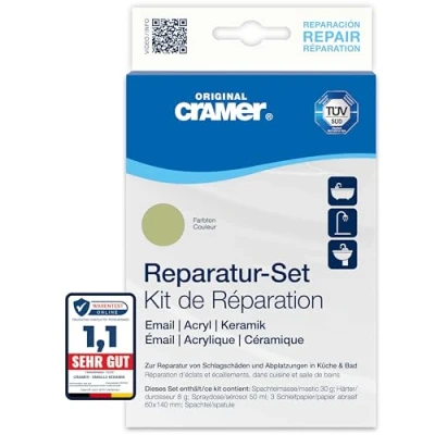Abbildung von Cramer Reparatur Set moosgrün für Badewannen, Duschwannen &amp; Waschbecken professionelle Lösung zur Behebung von Schlagschäden und Abplatzungen auf Emaille, Keramik Acryl