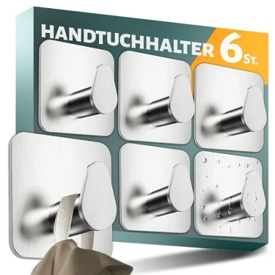 Abbildung von Menz Handtuchhalter ohne Bohren 6er SET Handtuchhaken Bad Edelstahl, funktionale ovale Haken selbstklebend Starke Klebehaken oval als stilvolle Wandhaken