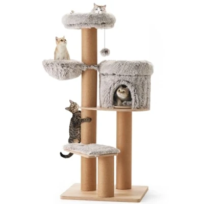 Abbildung von FUKUMARU Kratzbaum für Katzen,155cm Katzenbaum mit sechs 20 cm dicken Kratzsäulen aus Jute, Plüsch Multi Level Katzenkondo abnehmbar, natürlichem