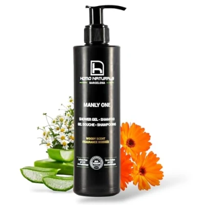 Abbildung von Homo Naturals Duschgel und Shampoo für Männer ohne Sulfate oder Parabene, BIO Badegel 2 in 1, häufige Anwendung mit Aloe Vera biologisch vegan 250 ml